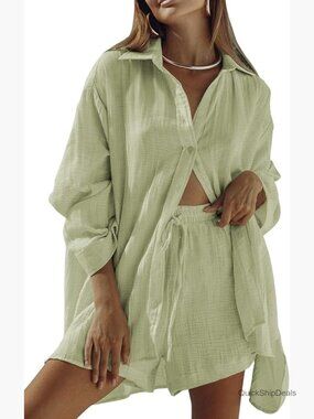 Women's 2 Piece Outfits Long Sleeve Button Down Blouse and Shorts Sweatsuit Set